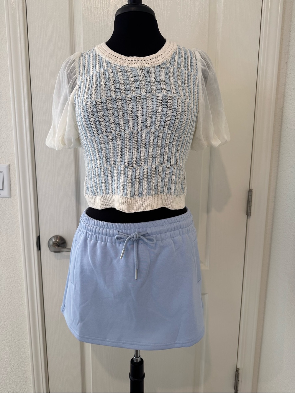 Ivory and Blue Knitted Crop Top and Light Blue Drawstring Skorts
